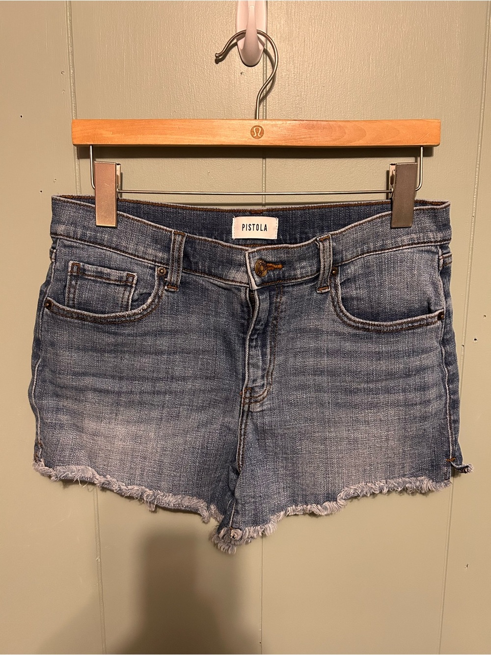 pistola Light Wash Frayed Hem Denim Shorts